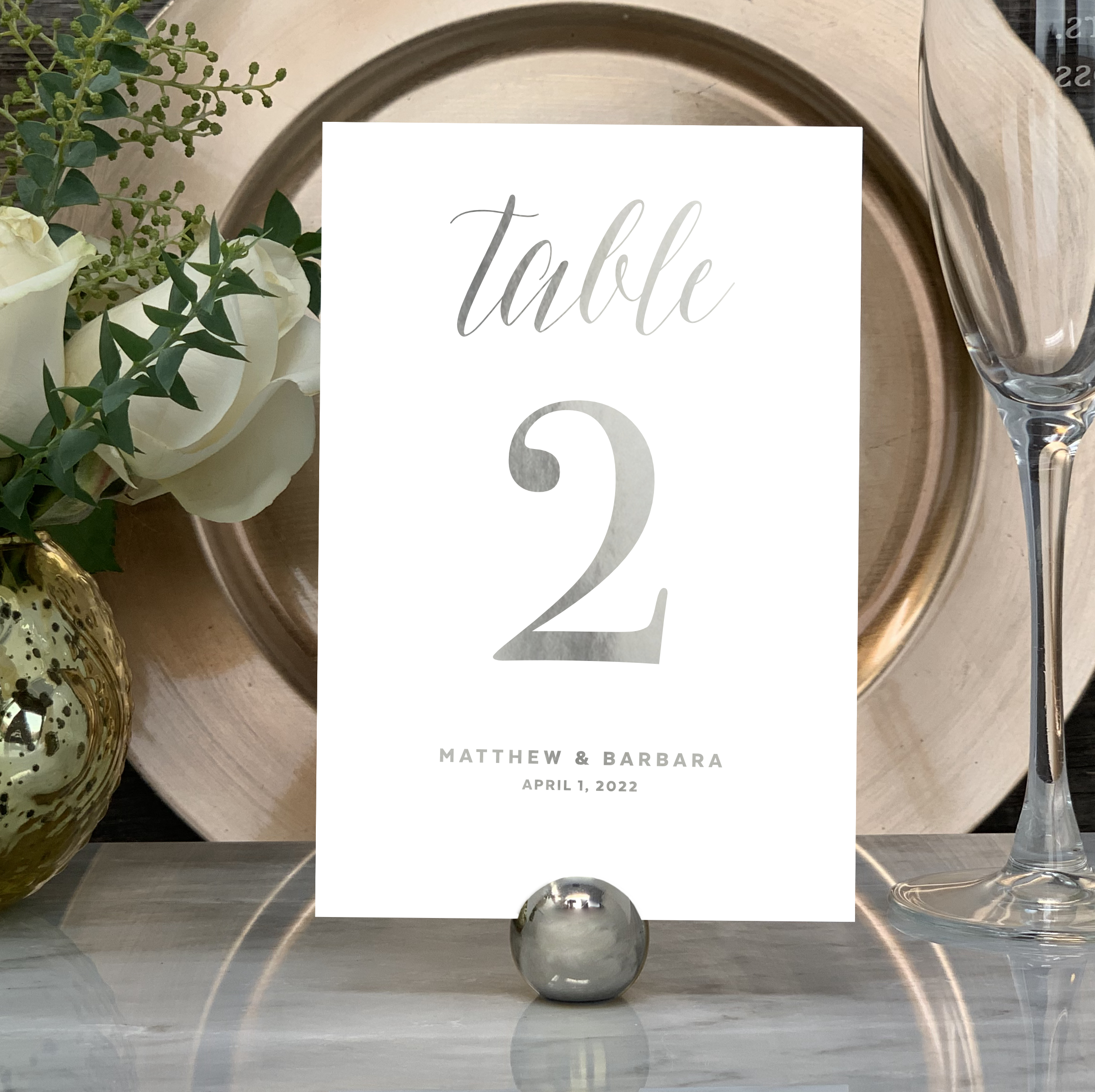 Our Traditional Wedding Table Numbers are shown here in silver foil.