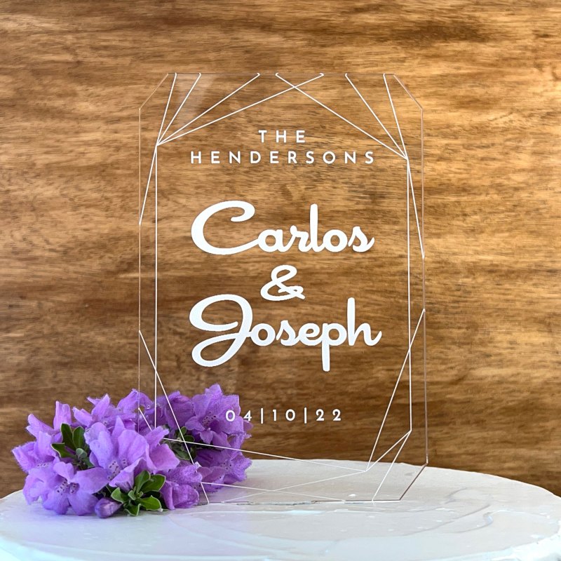 Tall Etched Cake Topper with Geometric Design and Names & Date