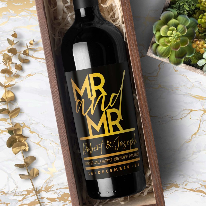 Mr & Mr Labels for Wine Bottles Shown black with gold text