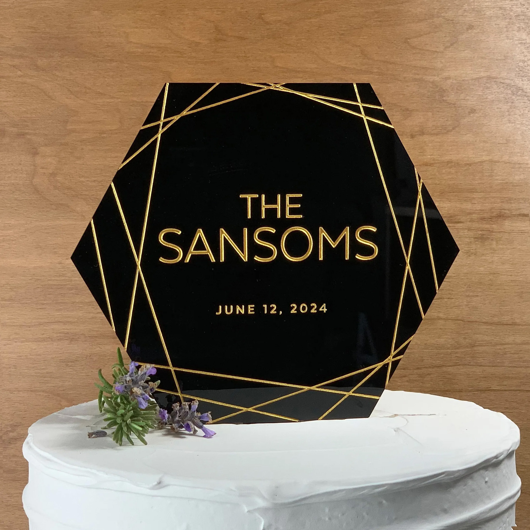 Black Acrylic Hexagon Wedding Cake Topper with Gold accents
