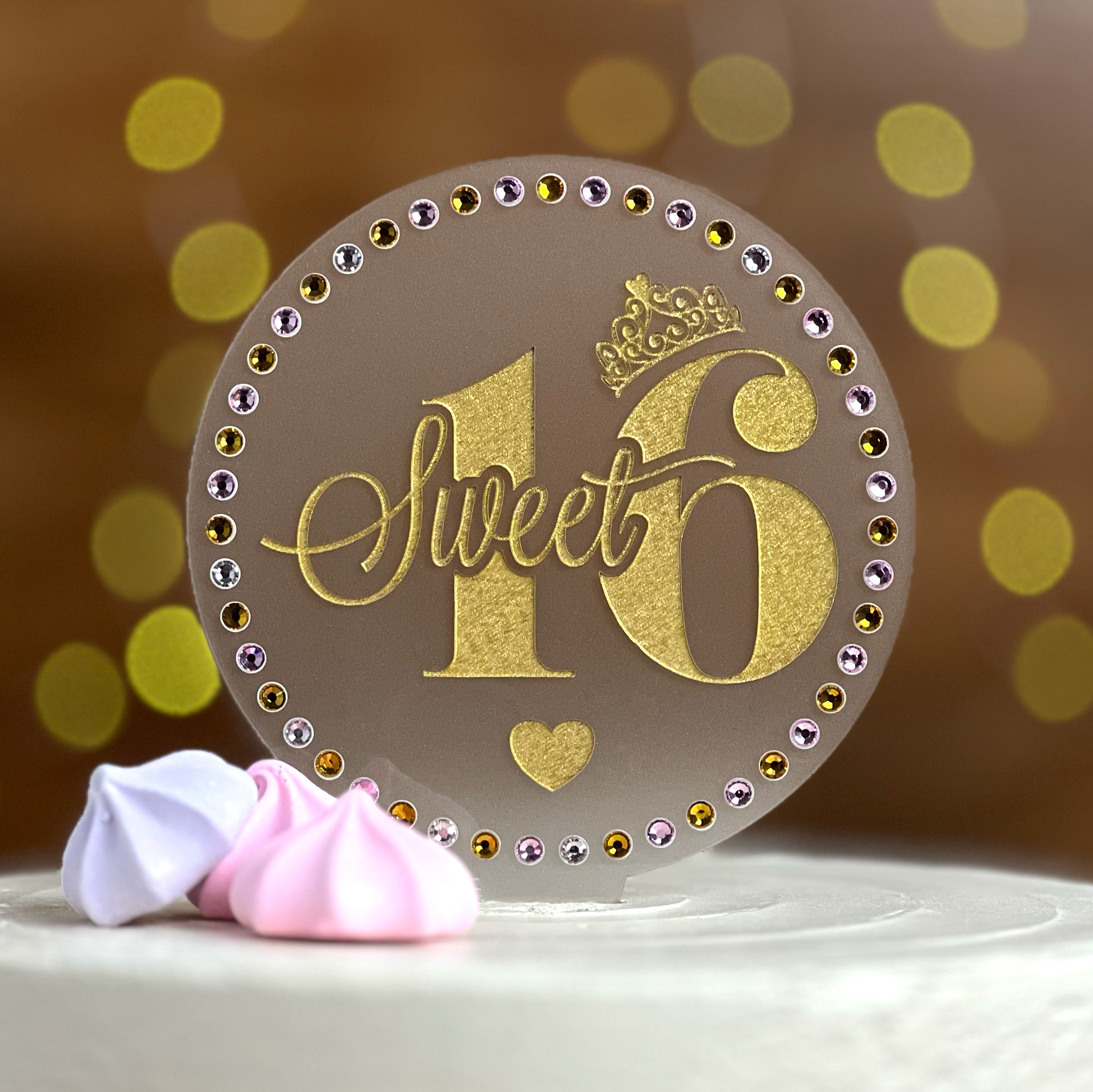 Sweet 16 Birthday Cake Topper | Shown with Pink & Gold Rhinestones, Gold Text on 5 Inch Round Frosted Acrylic