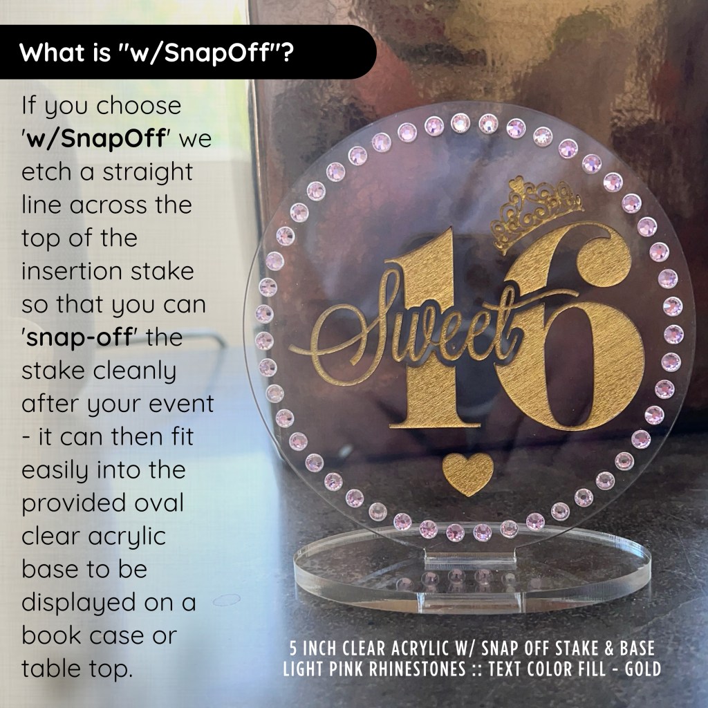 Sweet 16 Birthday Cake Topper | Shown with Light Pink Rhinestones, Gold Text on 5 Inch Round Clear Acrylic Sitting in Base.