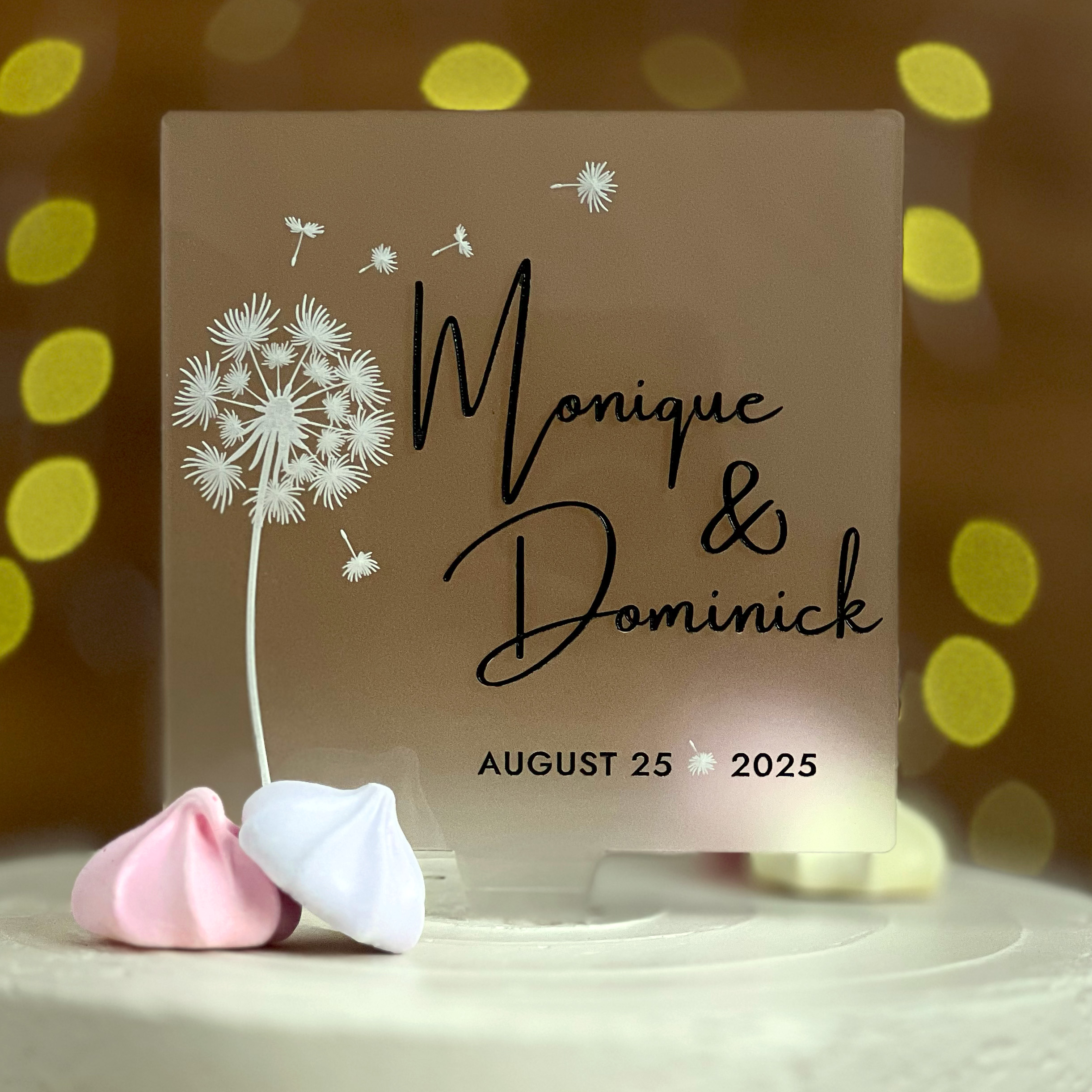 Wedding Cake Topper with Etched Dandelion Shown with Black Text and Font FS18