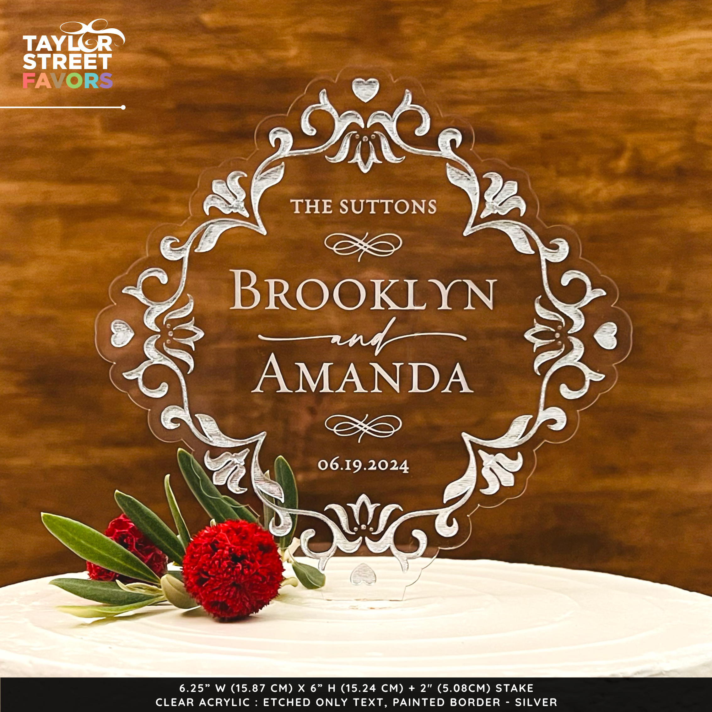 Vintage Style Wedding Cake Topper with Customizable couples name sand wedding date - Border Shown in Silver