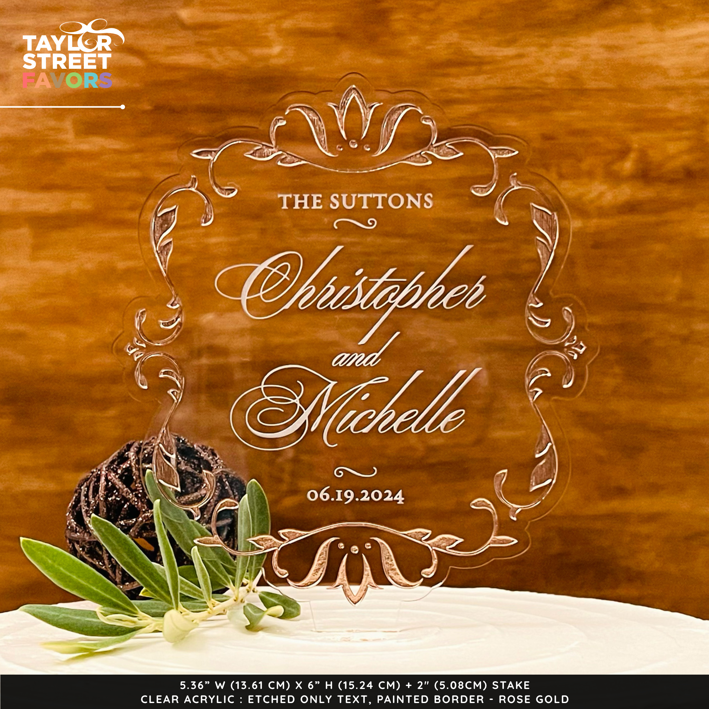 Vintage Style Wedding Cake Topper with Customizable couples name sand wedding date - Border Shown in Rose Gold