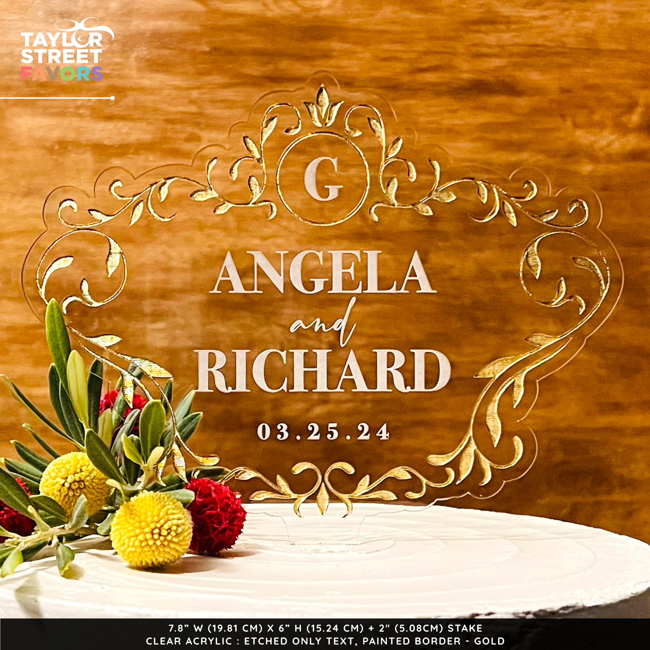 Vintage Style Wedding Cake Topper with Customizable couples name sand wedding date - Border Shown in Gold