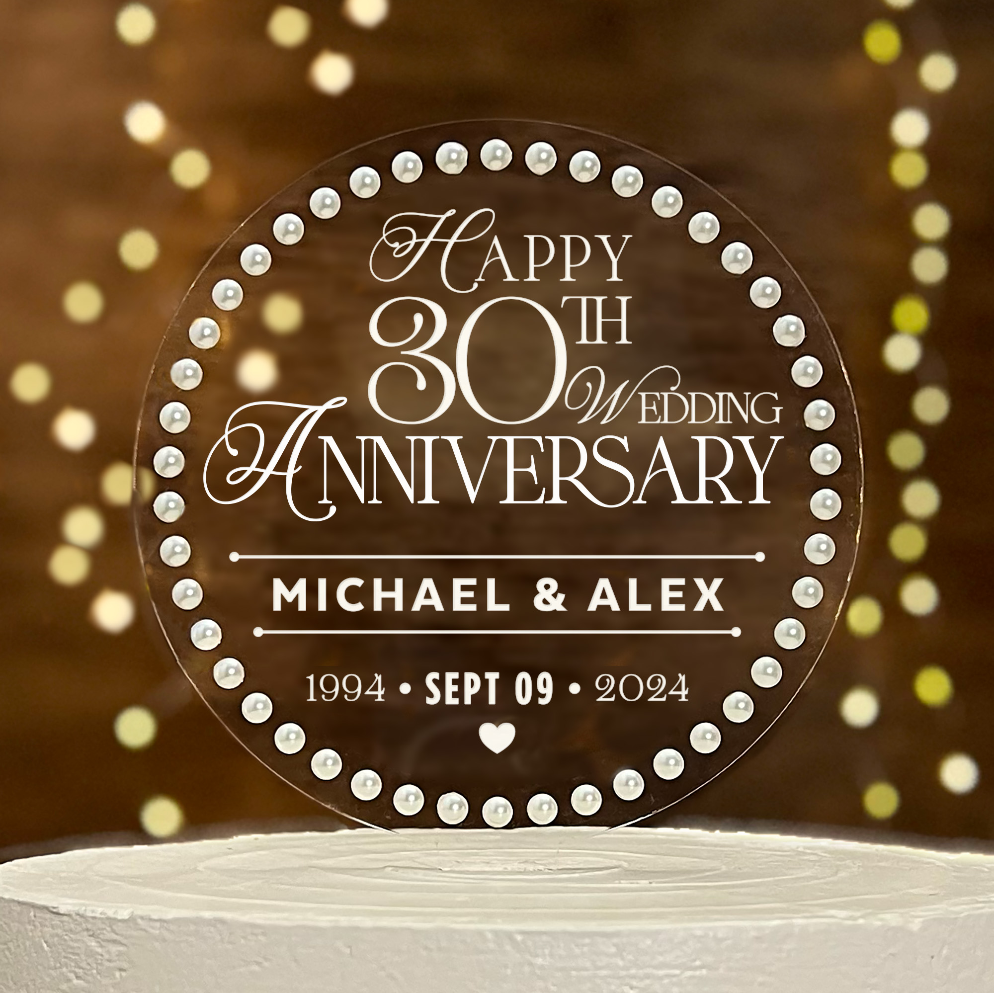Happy Anniversary Round Cake Topper with Pearl Border and painted white text