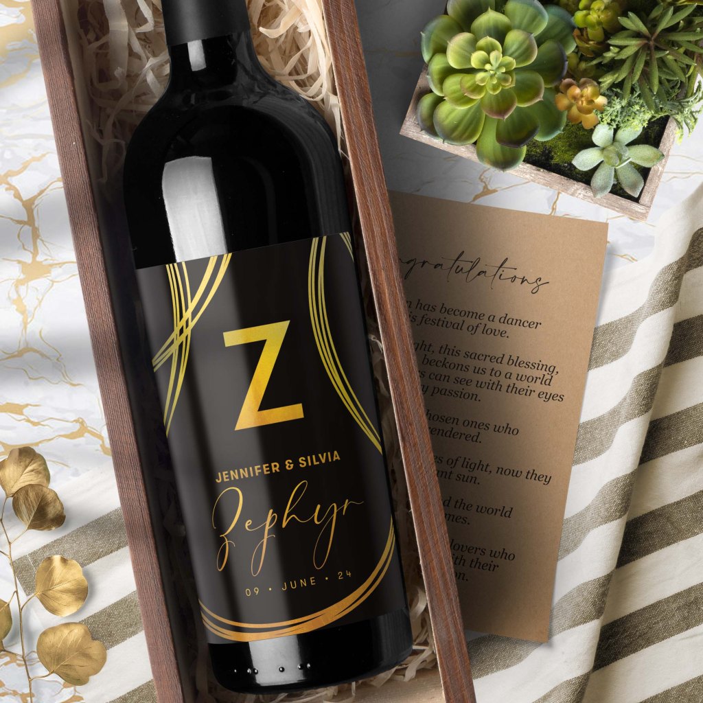 Wine Bottle Labels - Modern Rings - Tall Black With Gold  for wine bottles