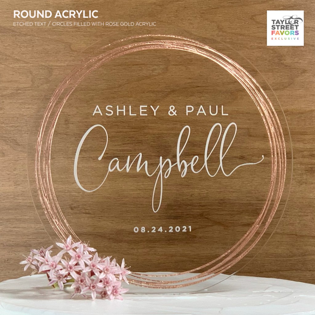 Round Acrylic Cake Topper - Rings - ROSE GOLD - Font FS2