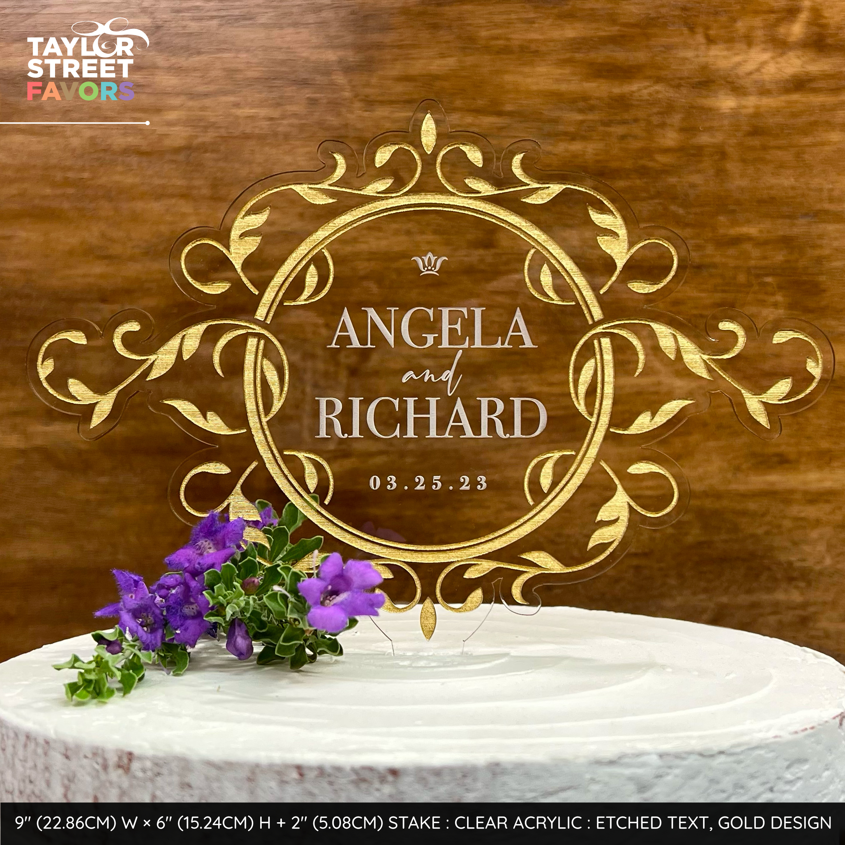 Vintage Style Wedding Cake Topper with Customizable couples name sand wedding date - Border Shown in Gold