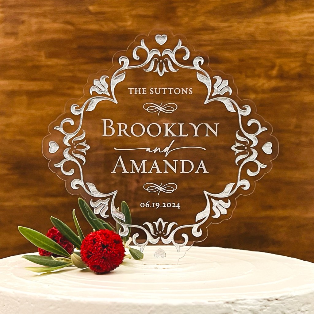 Vintage Style Wedding Cake Topper with Personalization - Shown Silver