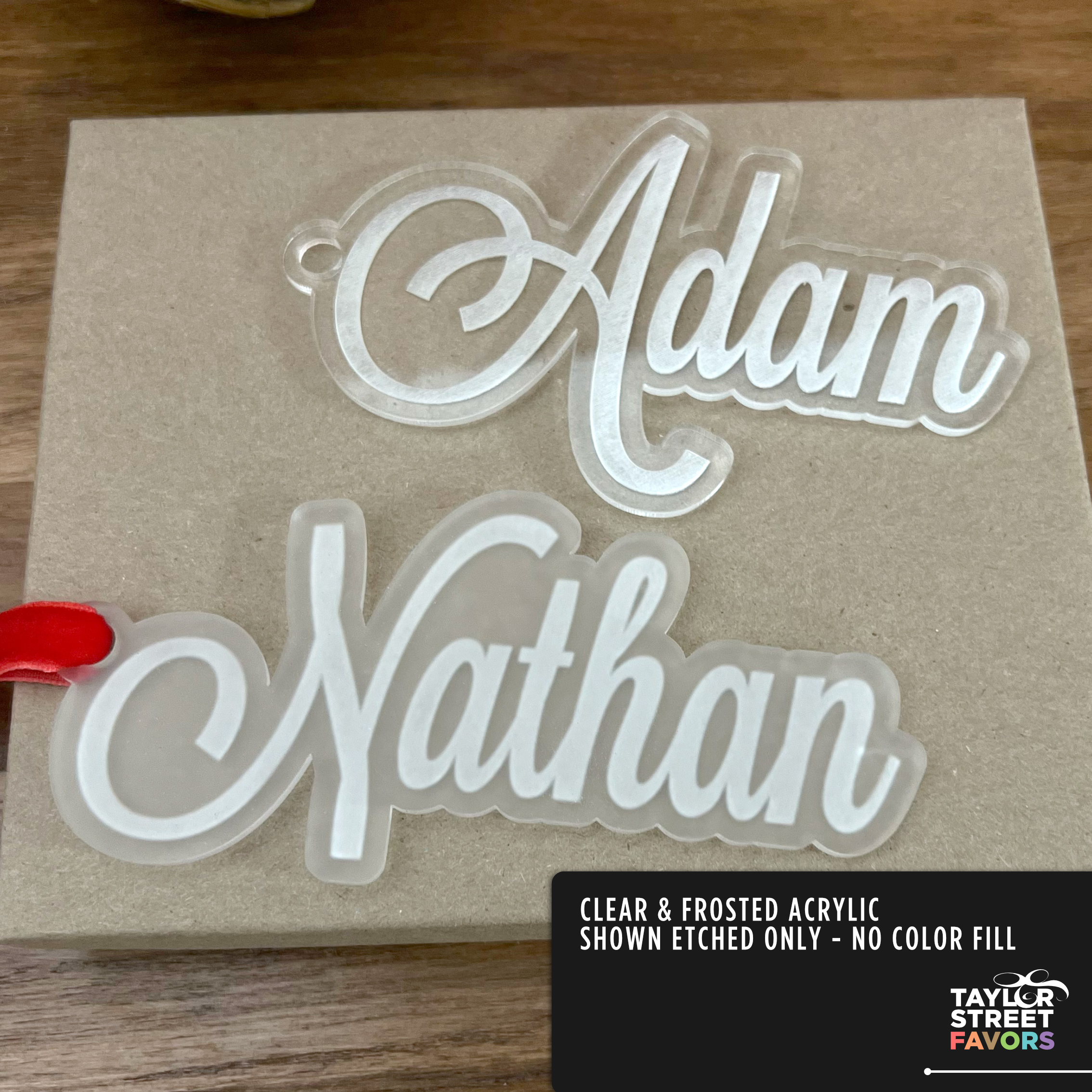 Gift Tags in Acrylic for Christmas Stockings - Showing Clear & Frosted Acrylic - No color Fill