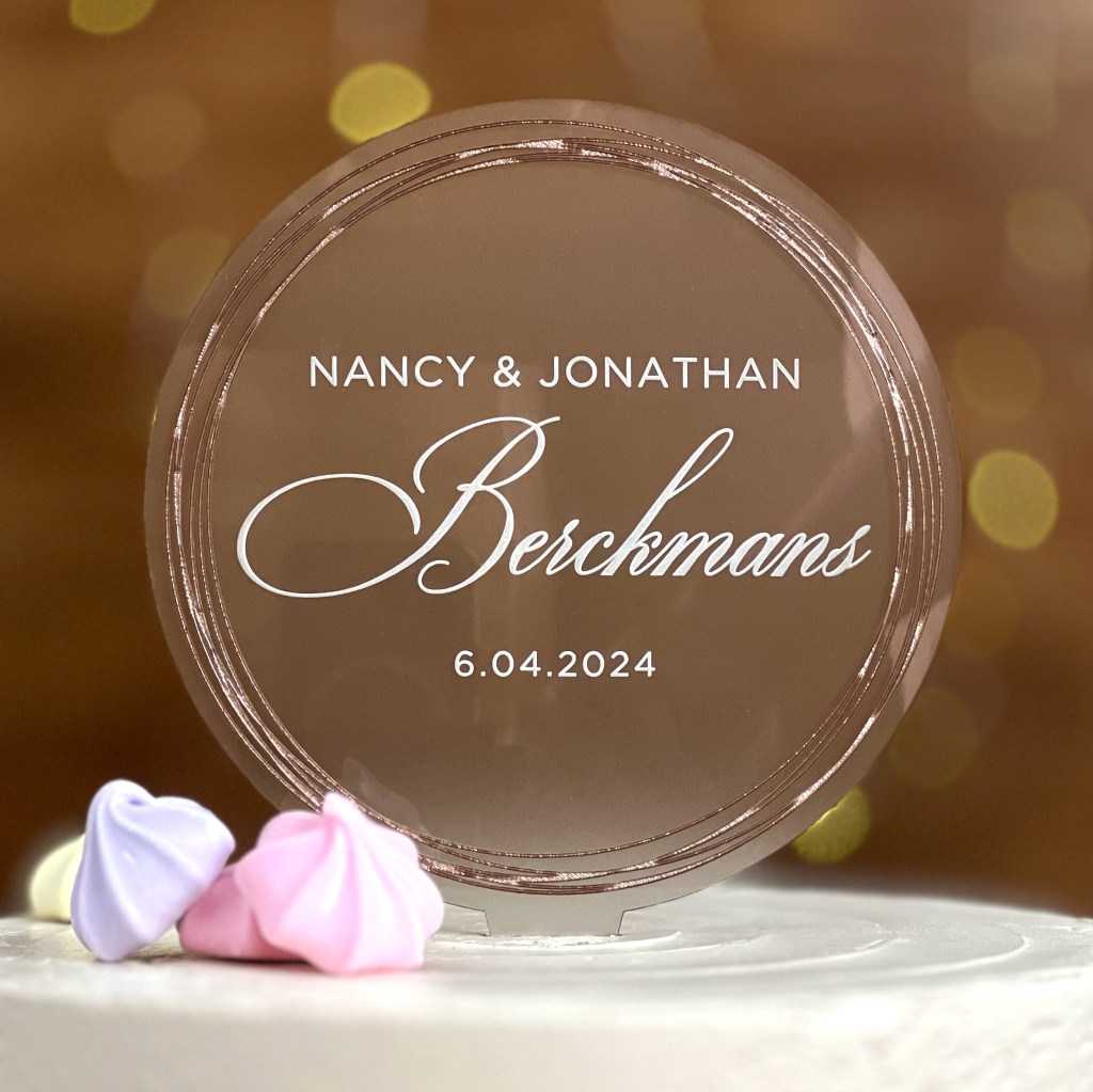 Personalized Acrylic Wedding Cake Topper: Script Last Name & Painted&nbsp;Rings