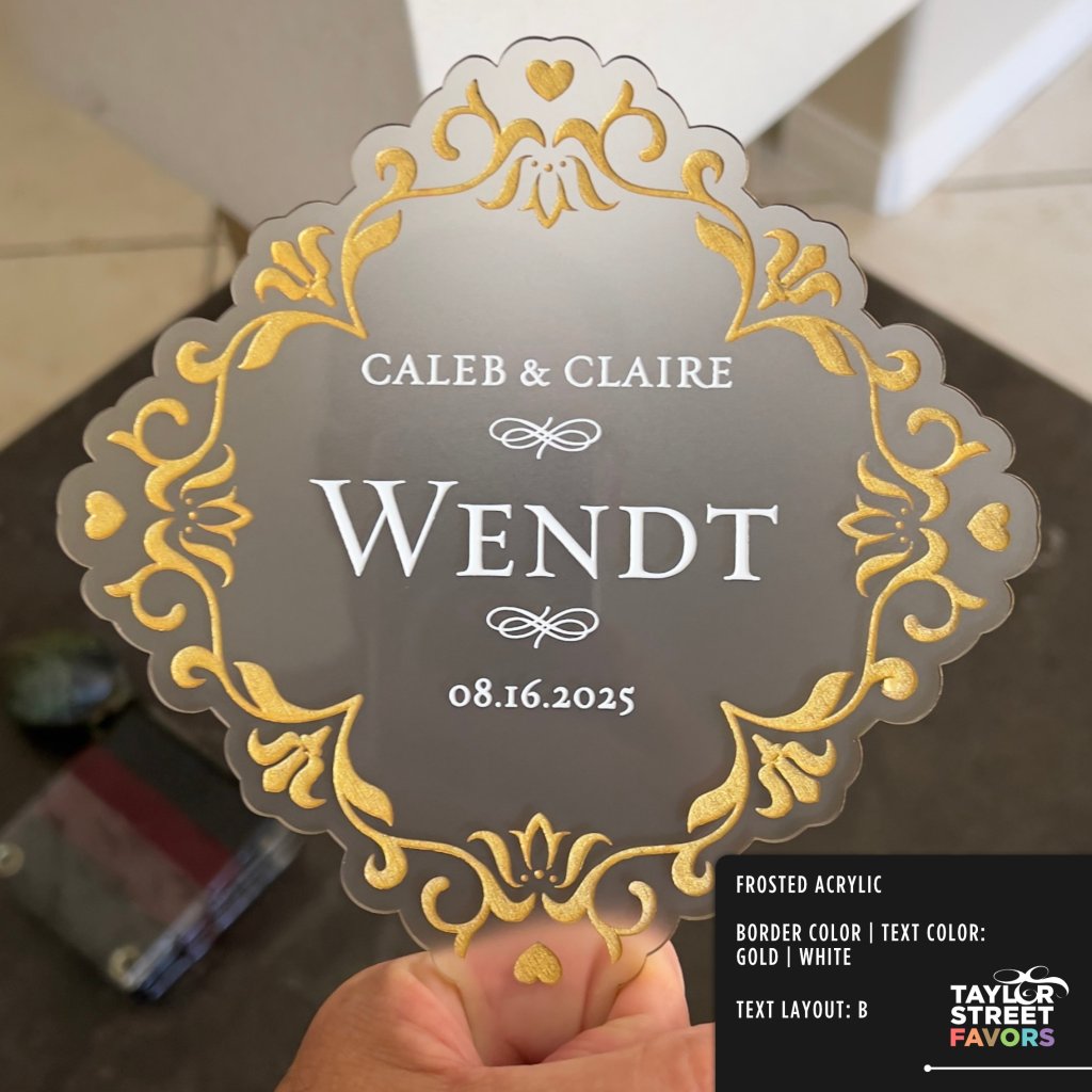 Vintage Style Personalized Wedding Cake Topper: Shown with gold border and white text.