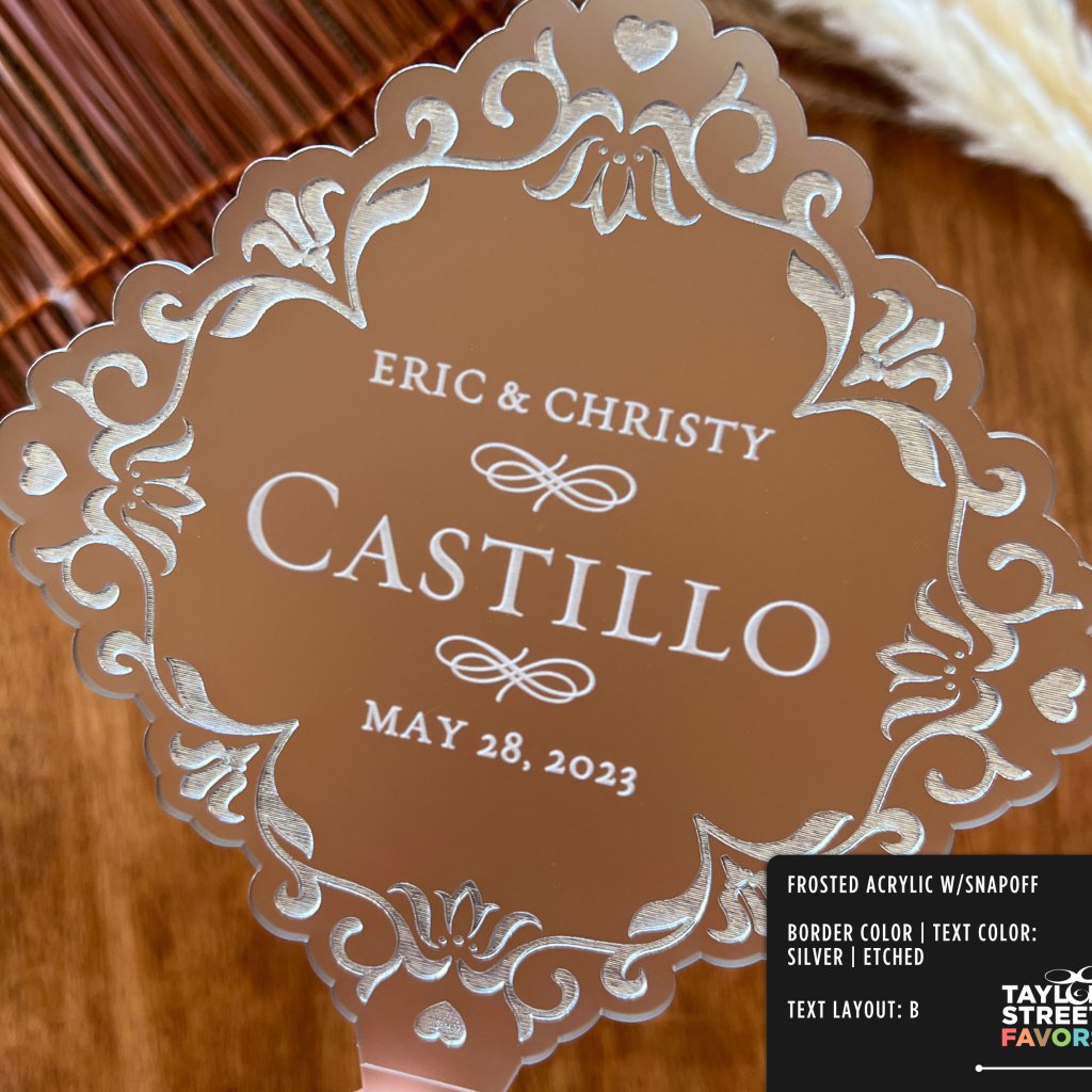 Vintage Style Personalized Wedding Cake Topper: Shown with Silver border and etched text.