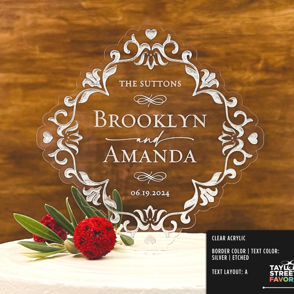 Vintage Style Personalized Wedding Cake Topper: Shown with silver border and etched text.
