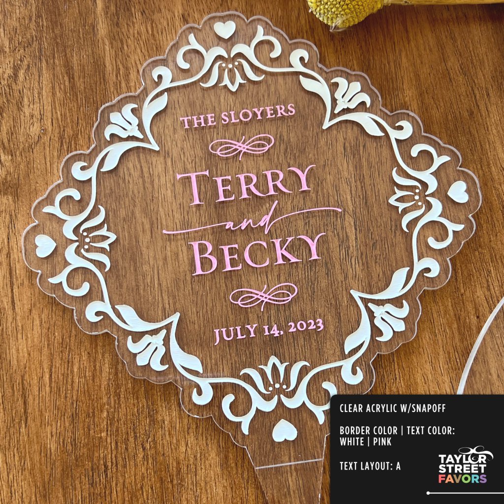 Vintage Style Personalized Wedding Cake Topper: Shown with white border and pink text.