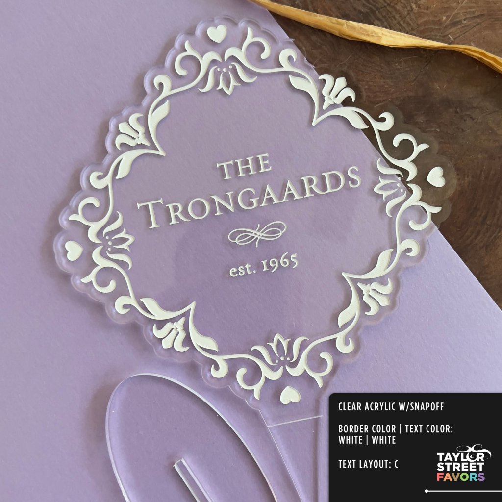 Vintage Style Personalized Anniversary Cake Topper: Shown with white border and text.