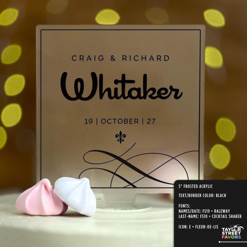 Personalized Square Wedding Cake Topper or Anniversary Keepsake shown in black on frosted acrylic.