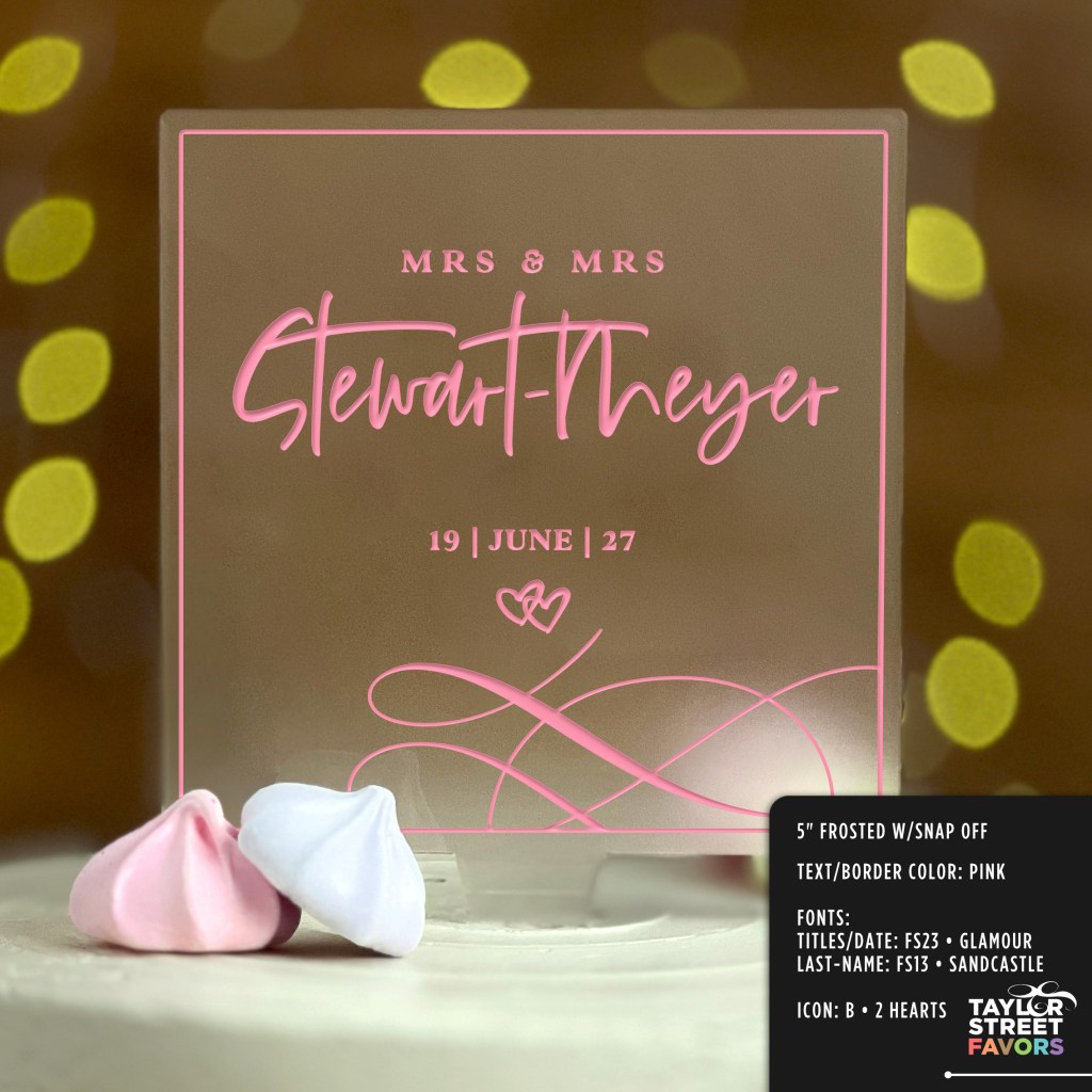 Personalized Square Wedding Cake Topper or Anniversary Keepsake shown in pink on frosted acrylic.