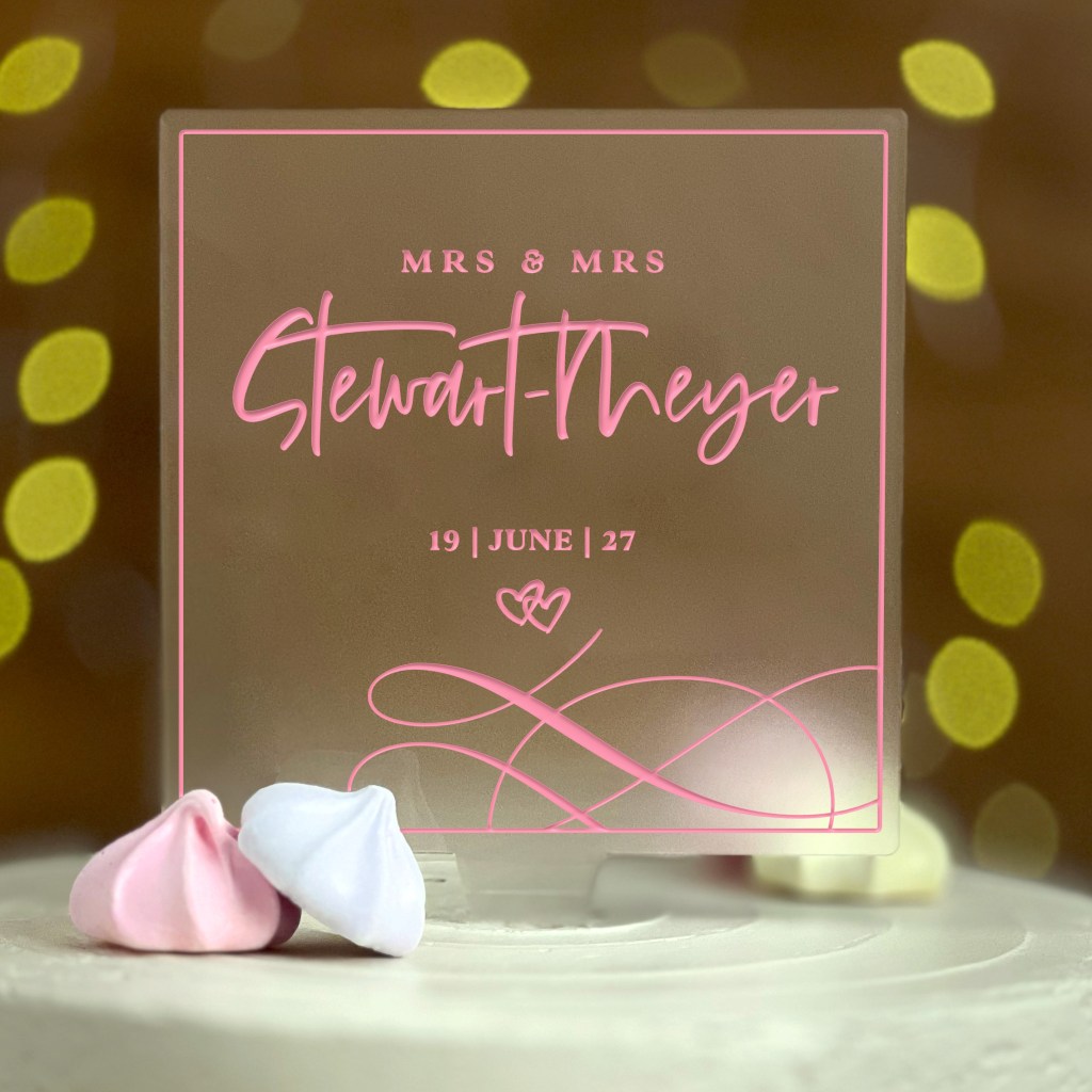 New Arrival: Our Personalized Frosted Acrylic Square Wedding Cake Topper or Anniversary&nbsp;Keepsake.