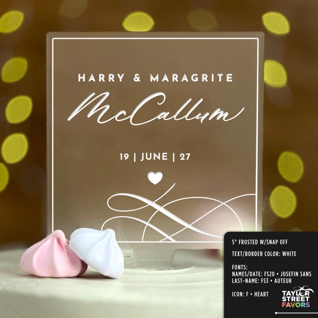 Personalized Square Wedding Cake Topper or Anniversary Keepsake shown in white on frosted acrylic.