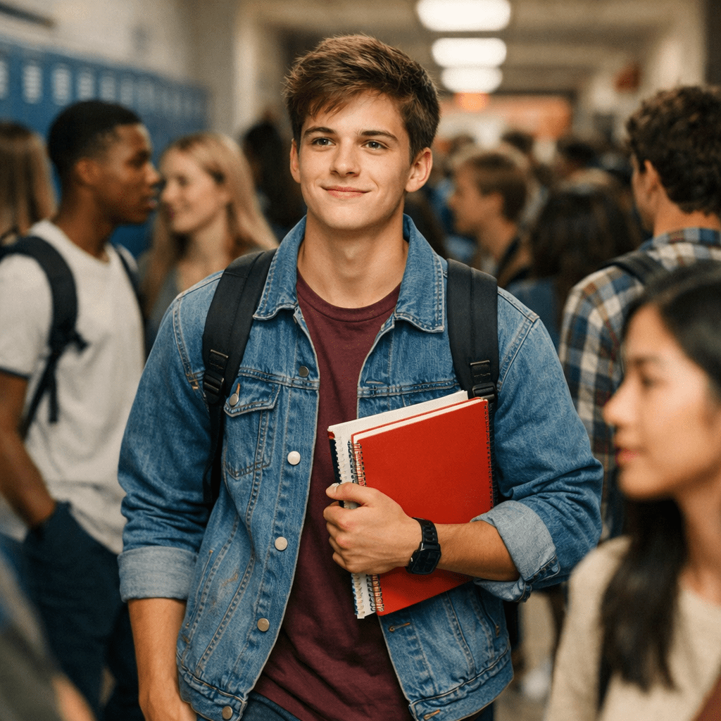 Teenage boy holding notebooks and wearing a denim jacket in a crowded school hallway